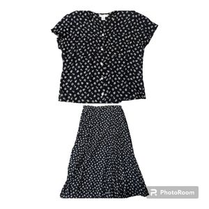 VTG Liz Claiborne Navy & White Nautical Print Blouse & Skirt Set Women's 10 & M